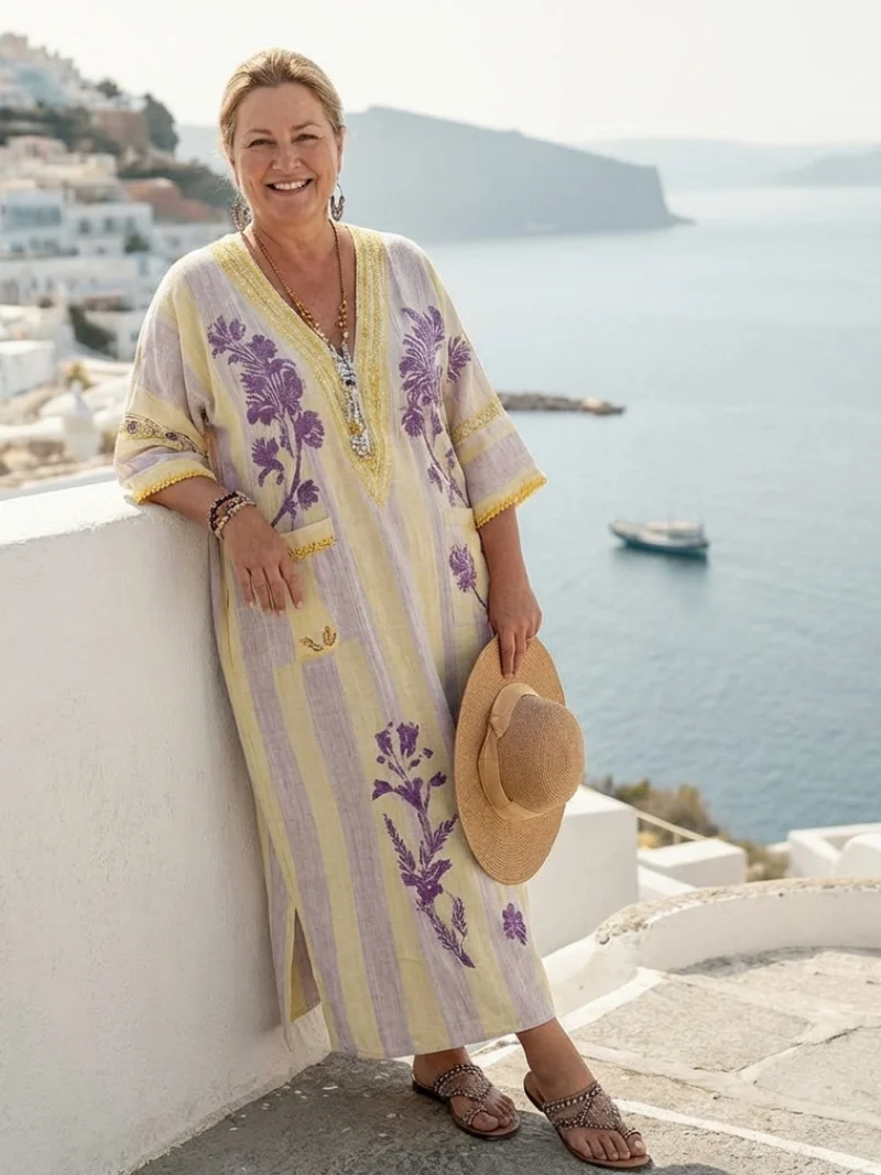 Aurelia | V-Ausschnitt Blumiges Maxikleid mit Halblangen Ärmeln
