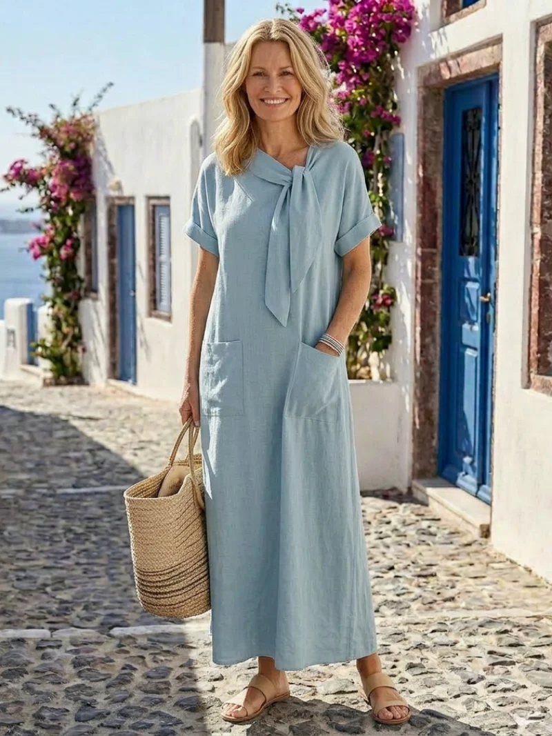 Elowyn | Rundhals Maxikleid mit kurzen Ärmeln