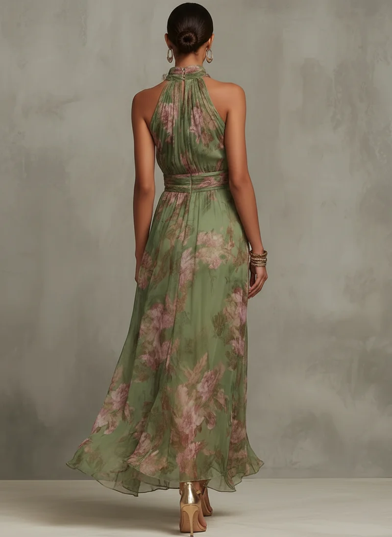 Serena ∙ Grünes, langes Chiffonkleid mit Blumenmuster und Neckholder-Ausschnitt