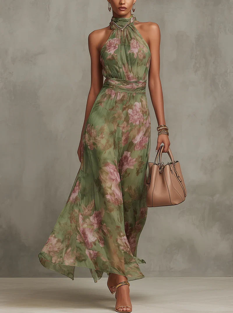 Serena ∙ Grünes, langes Chiffonkleid mit Blumenmuster und Neckholder-Ausschnitt