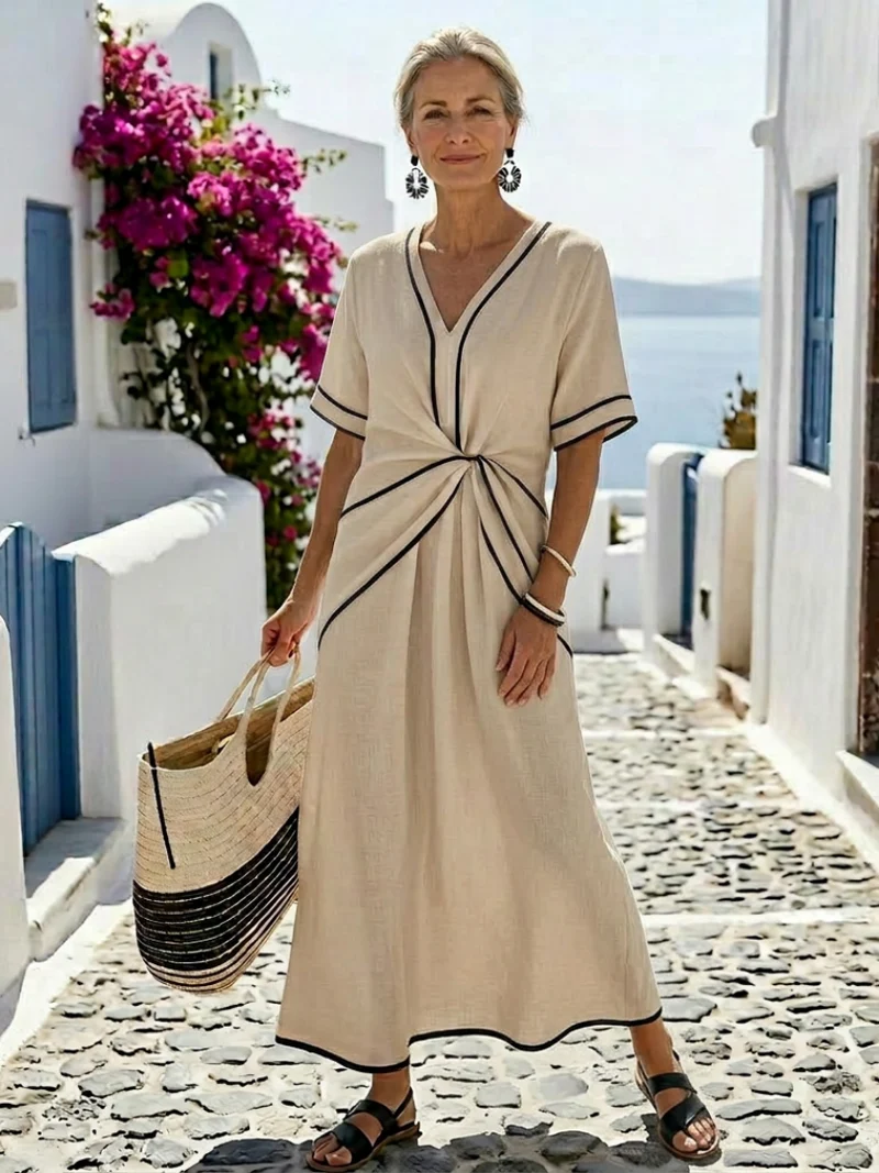 Linnea | V-Ausschnitt Kurzarm Maxikleid Mit Geraffter Taille