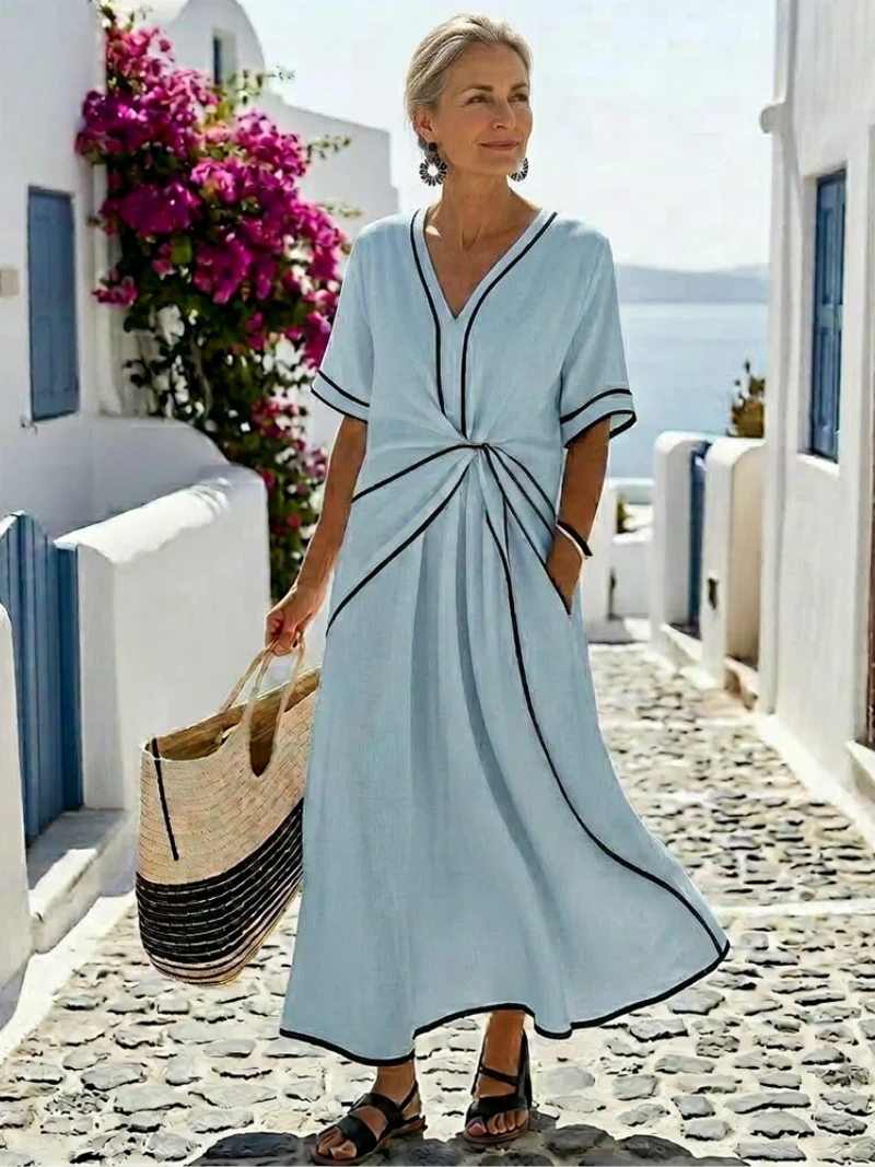 Linnea | V-Ausschnitt Kurzarm Maxikleid Mit Geraffter Taille