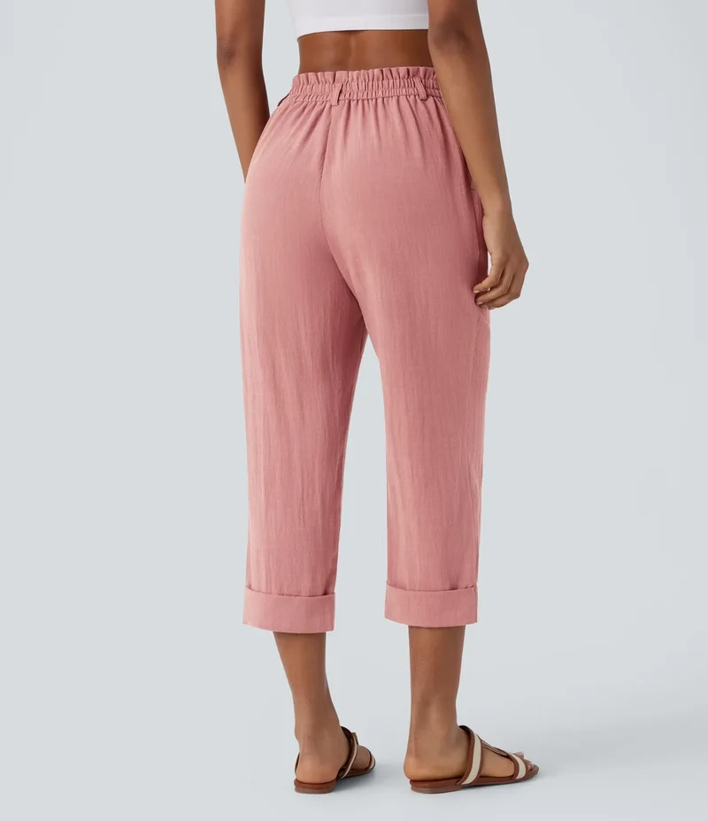 High Waisted Zipper Pocket Cropped Linen-Feel Pants