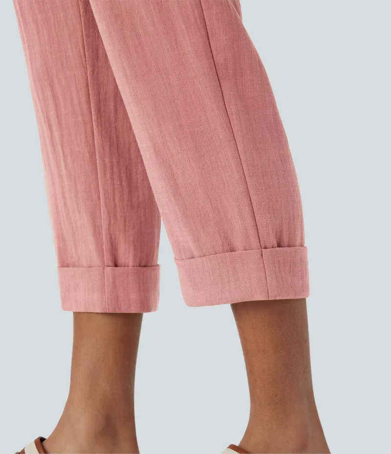 High Waisted Zipper Pocket Cropped Linen-Feel Pants