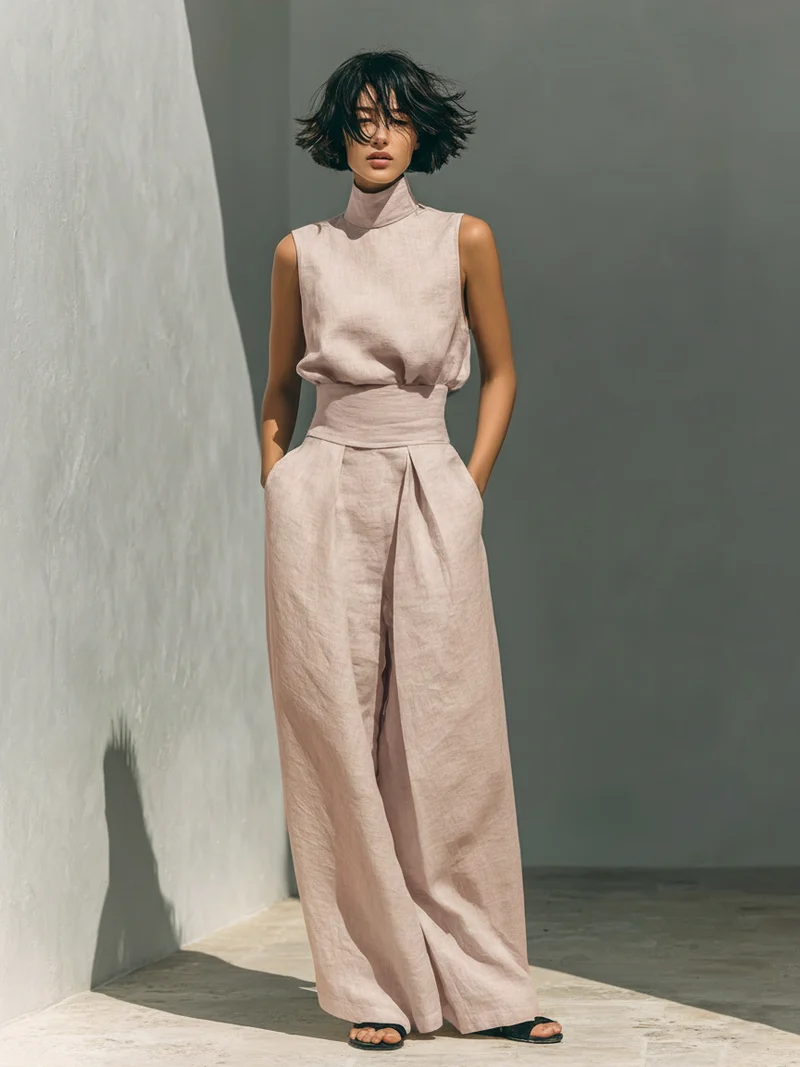 Maria – Set aus Tanktop und weiten Hosen aus Baumwolle und Leinen im minimalistischen Stil für Damen