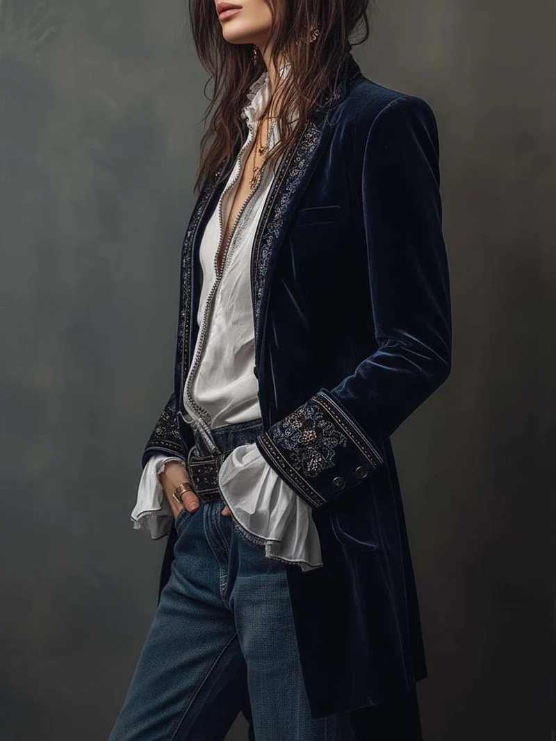 FEDERICA | LANGE VINTAGE-JACKE AUS MARINEBLAUEM SAMT MIT STICKEREIEN