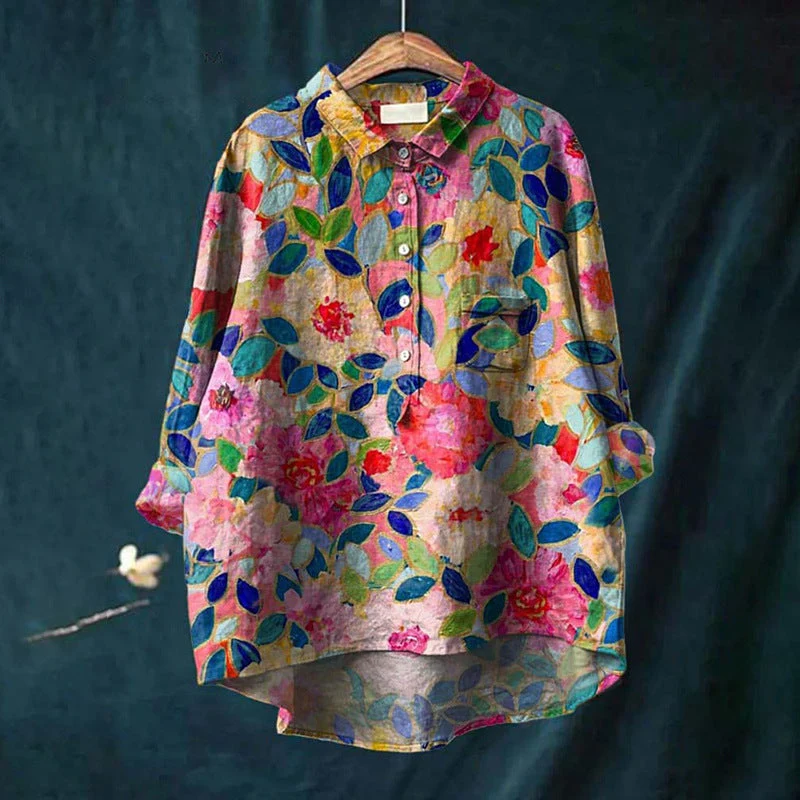 Elena | Damenbluse leicht aus Baumwolle und Leinen mit Print