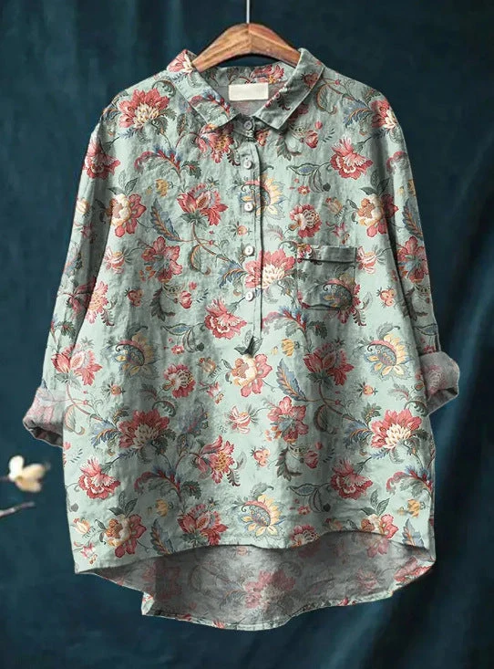 Elena | Damenbluse leicht aus Baumwolle und Leinen mit Print