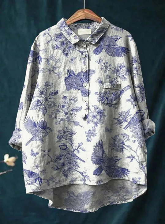 Elena | Damenbluse leicht aus Baumwolle und Leinen mit Print