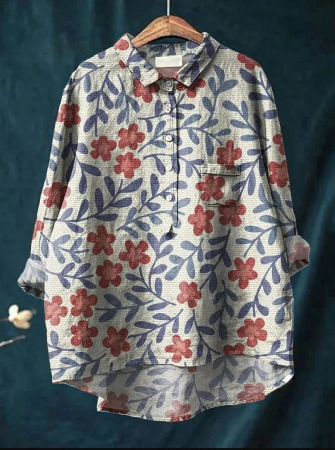 Elena | Damenbluse leicht aus Baumwolle und Leinen mit Print