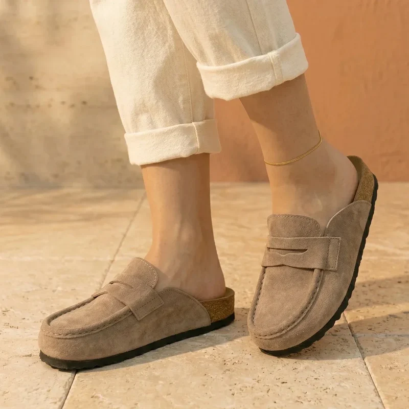 Gina Sabot Mokassin – Sabots Mules Mokassin Damen aus Wildleder, Komfortsohle aus Kork
