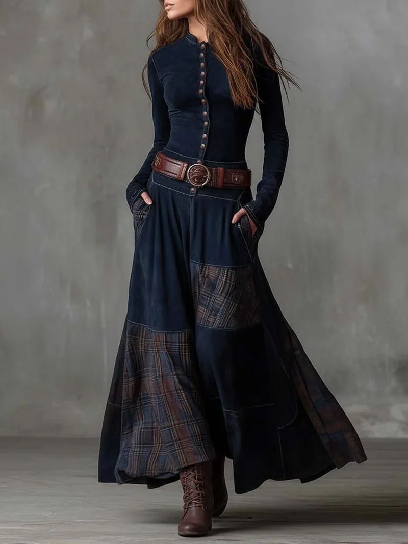 Leonora | Langes Vintage-Kleid aus marineblauem Wildleder mit Karomuster (inklusive Gürtel)