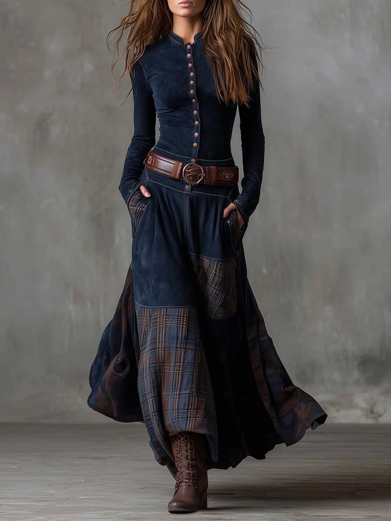 Leonora | Langes Vintage-Kleid aus marineblauem Wildleder mit Karomuster (inklusive Gürtel)