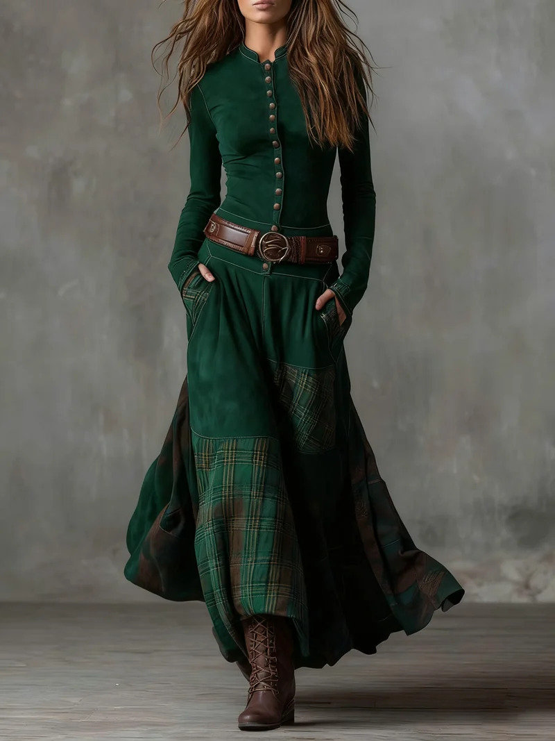 Leonora | Langes Vintage-Kleid aus marineblauem Wildleder mit Karomuster (inklusive Gürtel)
