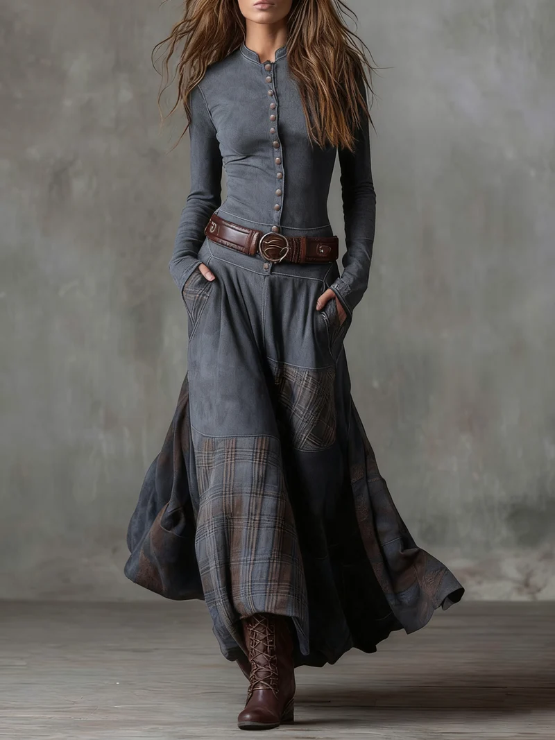 Leonora | Langes Vintage-Kleid aus marineblauem Wildleder mit Karomuster (inklusive Gürtel)
