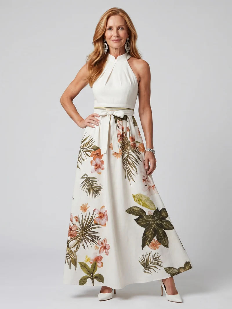 Wiese | Drapiertes Halter-Botanik-Paneel-Maxikleid