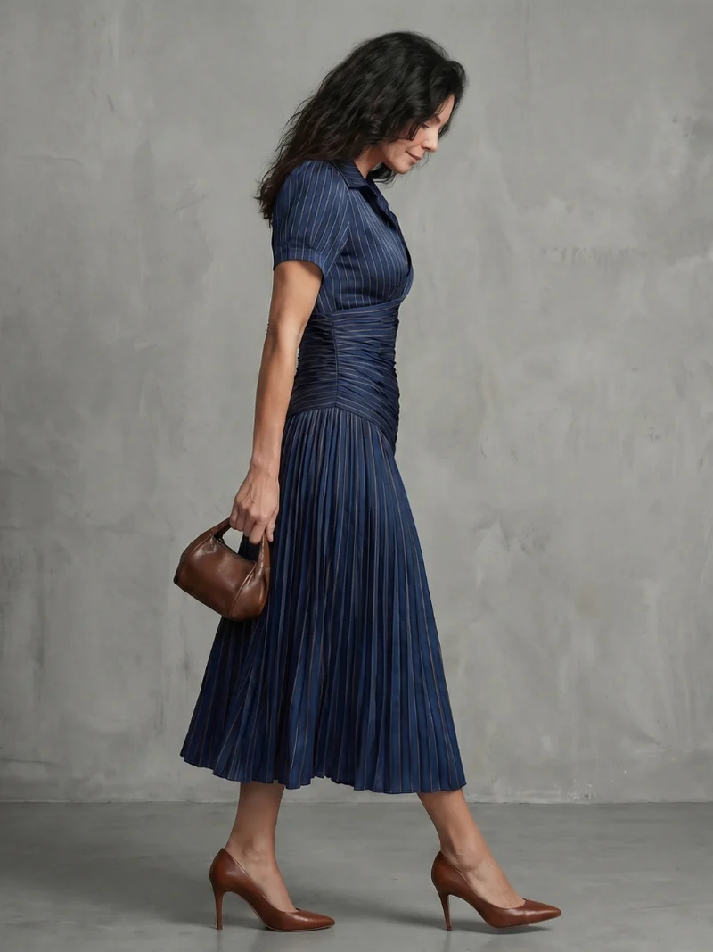 Theodora | Plissierter Taillenstreifen Midi-Kleid