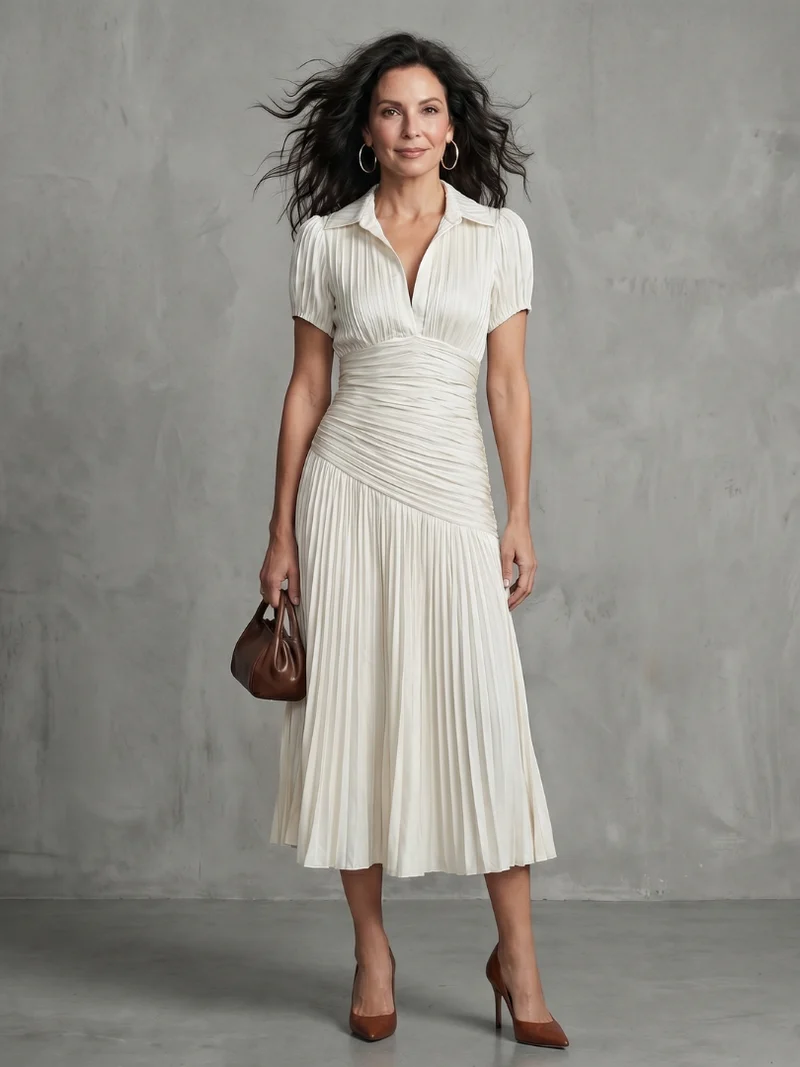 Theodora | Plissierter Taillenstreifen Midi-Kleid