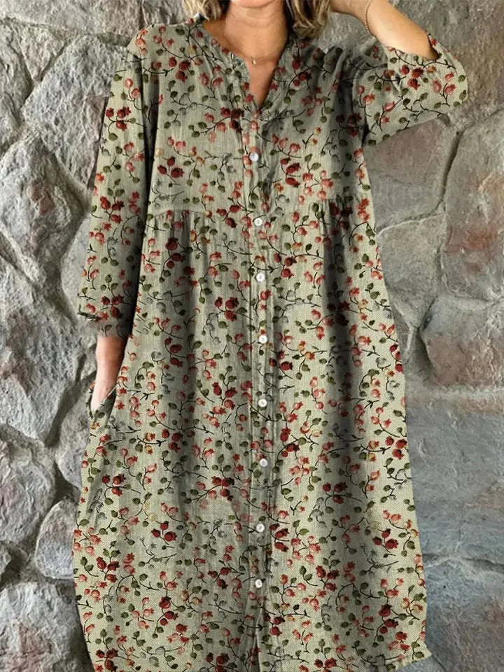 Damen Vintage Floral Shirt Kleid mit Taschen