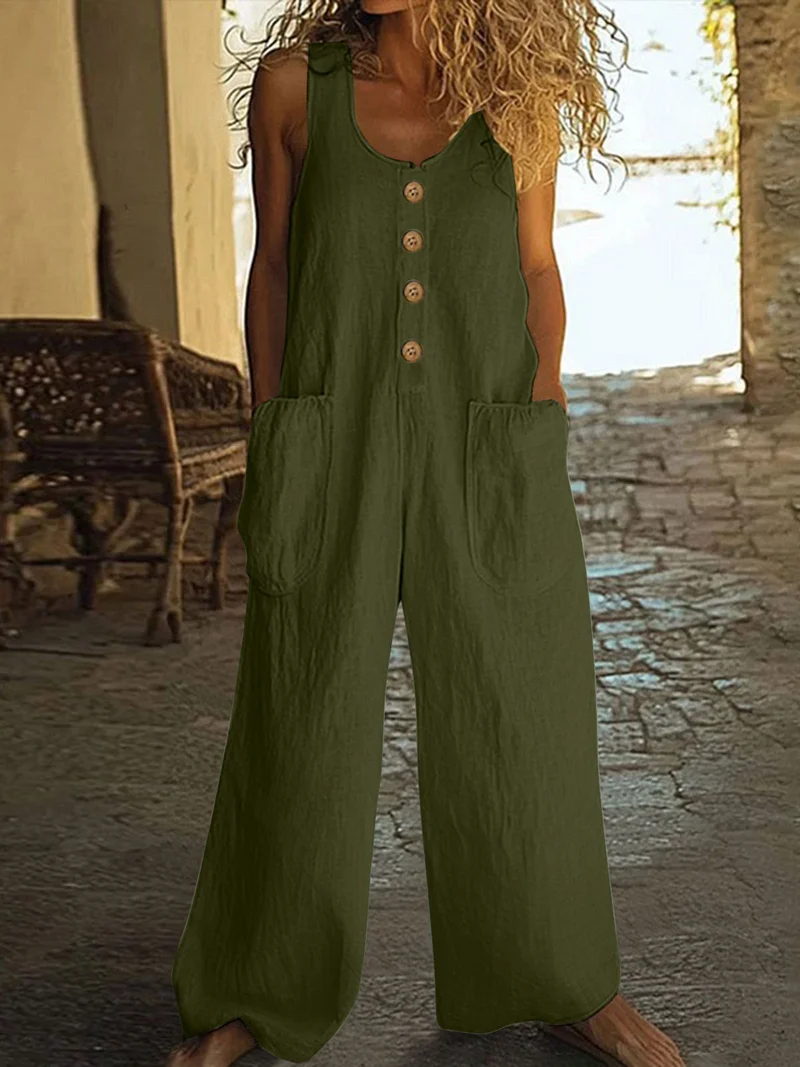 Lässiger Button-Up Jumpsuit mit weitem Bein und Taschen