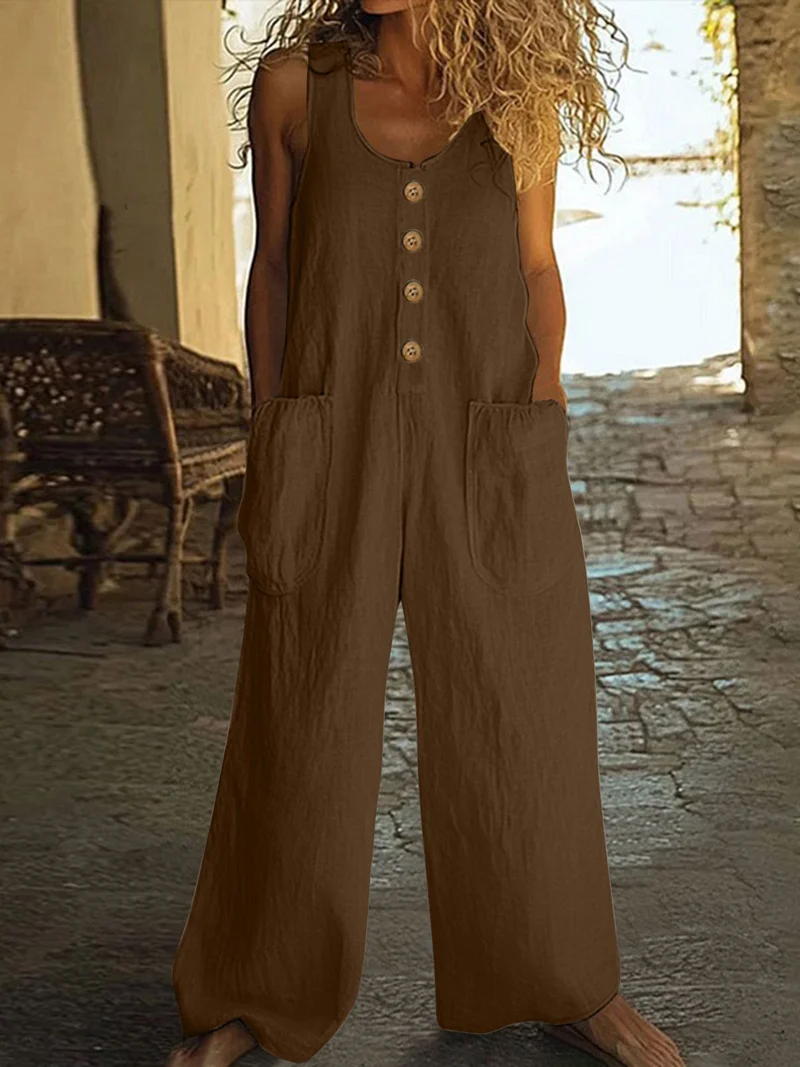 Lässiger Button-Up Jumpsuit mit weitem Bein und Taschen
