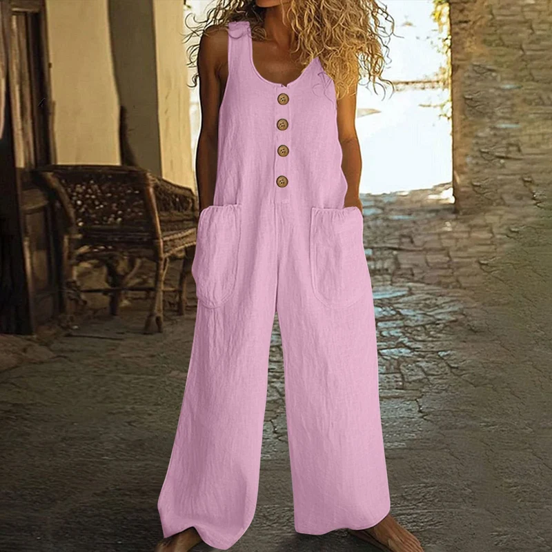 Lässiger Button-Up Jumpsuit mit weitem Bein und Taschen