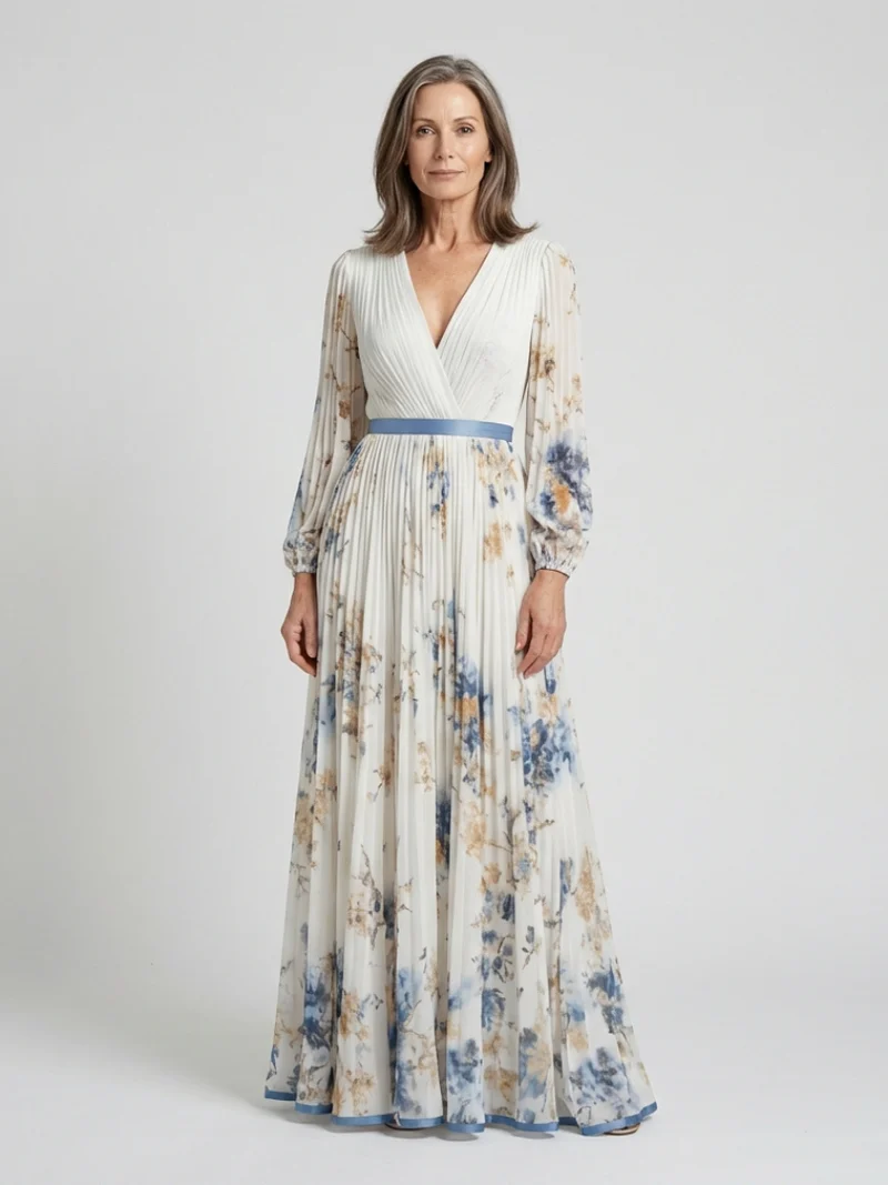 Lavinia | Maxikleid mit langen Ärmeln und V-Ausschnitt in Blumenmuster