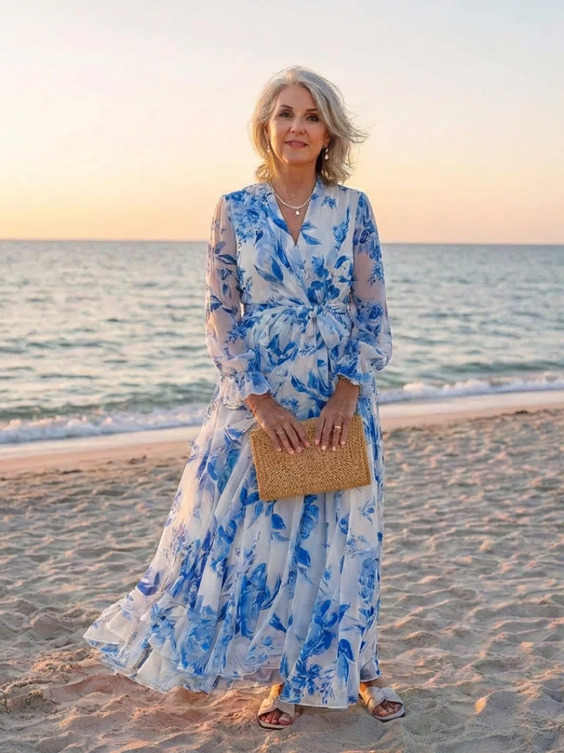 Lillian | Floral Langärmliges Wickel-Maxi-Kleid
