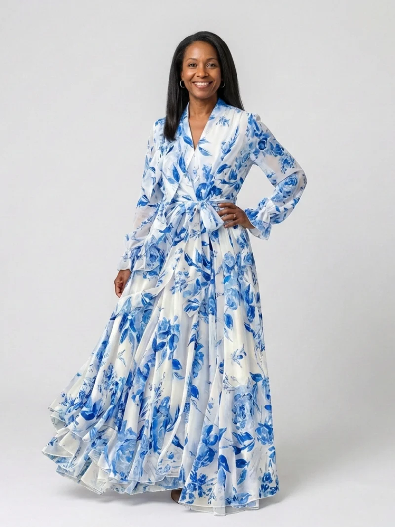 Lillian | Floral Langärmliges Wickel-Maxi-Kleid