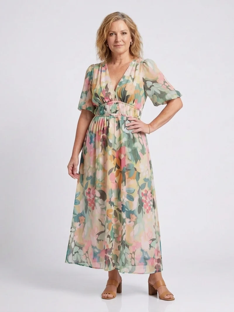 Eulalie | V-Ausschnitt Kurzarm Kleid mit geraffter Taille Midi