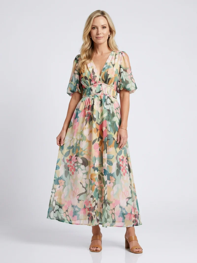 Eulalie | V-Ausschnitt Kurzarm Kleid mit geraffter Taille Midi