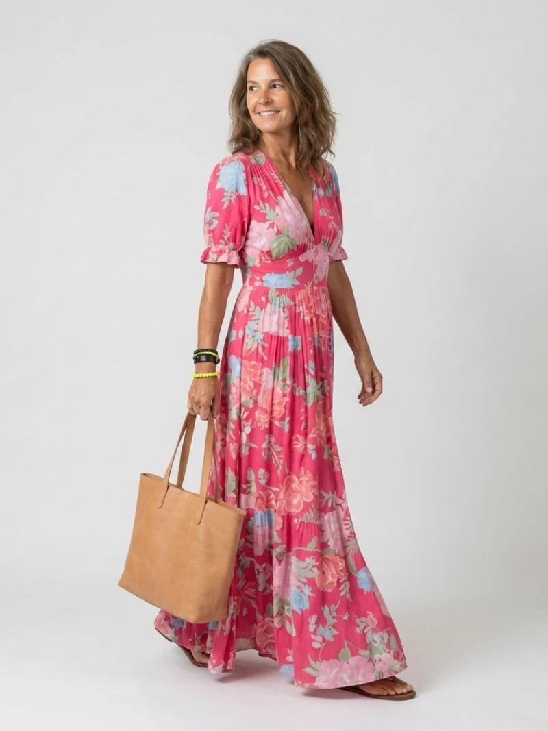 Ione | Kurzes Ärmels V-Ausschnitt Blumen Midi Kleid