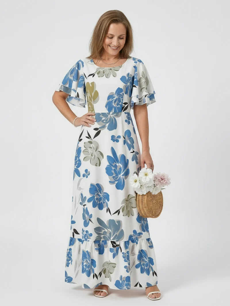 Elowen | Rundhals Kurzarm Schichten Maxikleid