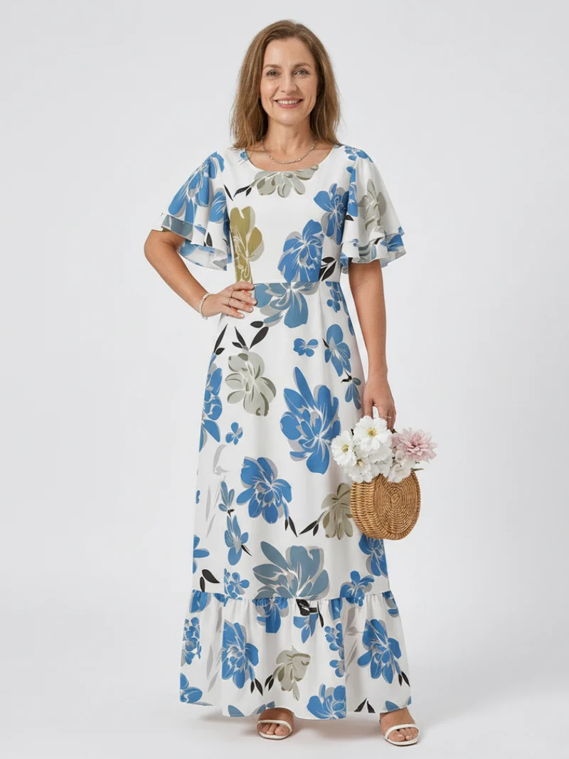 Elowen | Rundhals Kurzarm Schichten Maxikleid