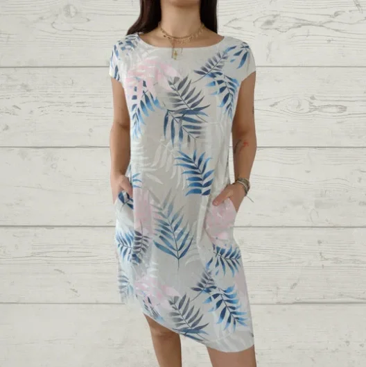 Damen Baumwolle Leinen Bedrucktes Sommerkleid mit Taschen