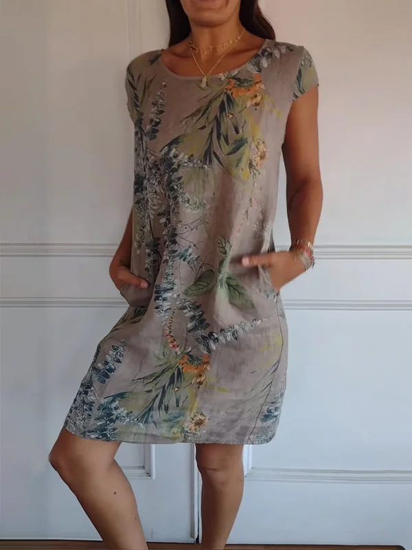 Damen Baumwolle Leinen Bedrucktes Sommerkleid mit Taschen