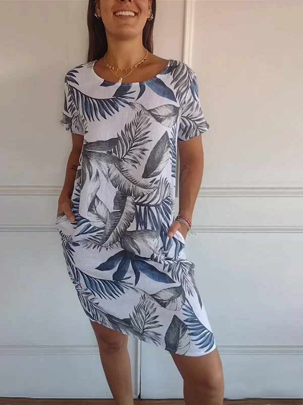 Damen Baumwolle Leinen Bedrucktes Sommerkleid mit Taschen