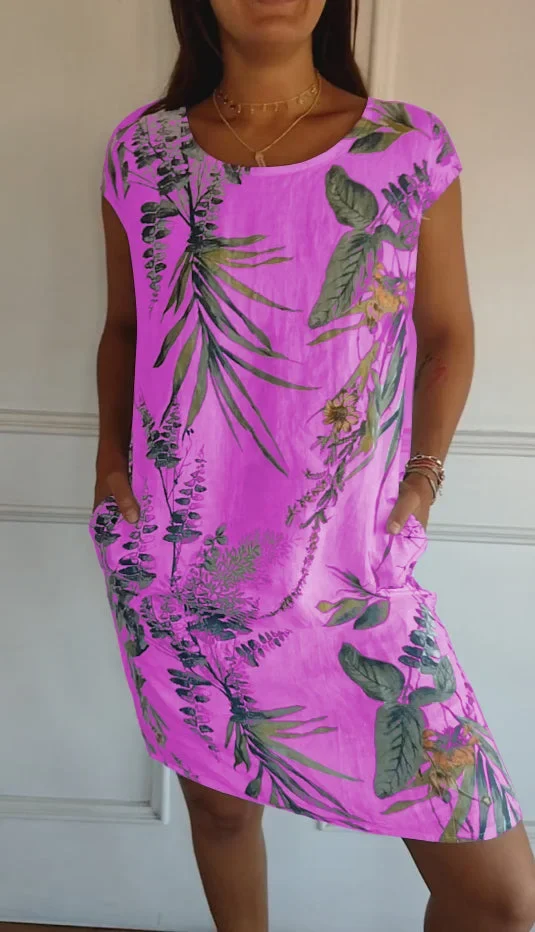 Damen Baumwolle Leinen Bedrucktes Sommerkleid mit Taschen