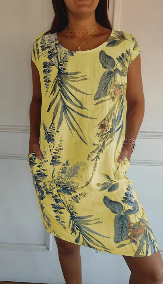 Damen Baumwolle Leinen Bedrucktes Sommerkleid mit Taschen