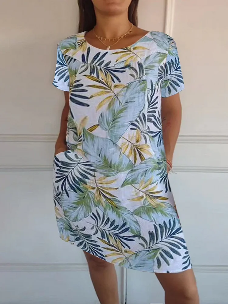 Damen Baumwolle Leinen Bedrucktes Sommerkleid mit Taschen