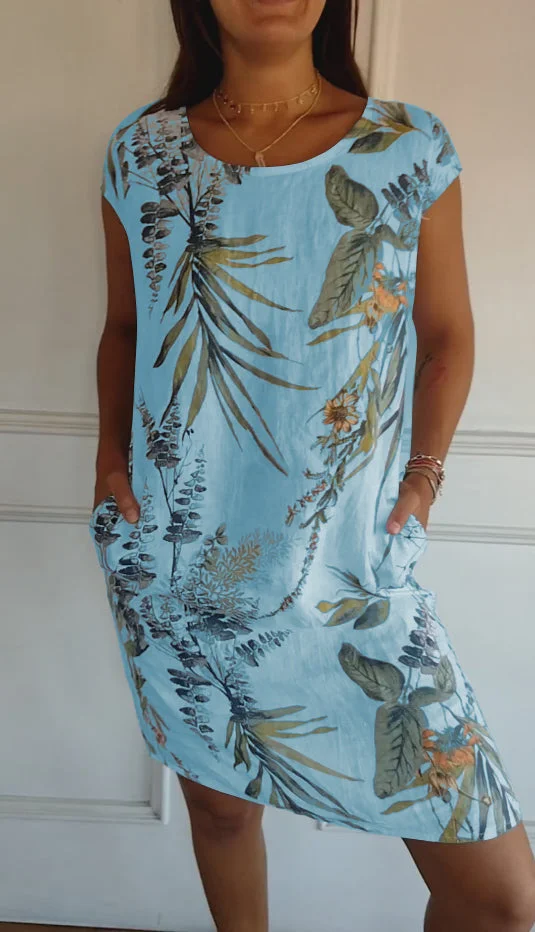 Damen Baumwolle Leinen Bedrucktes Sommerkleid mit Taschen
