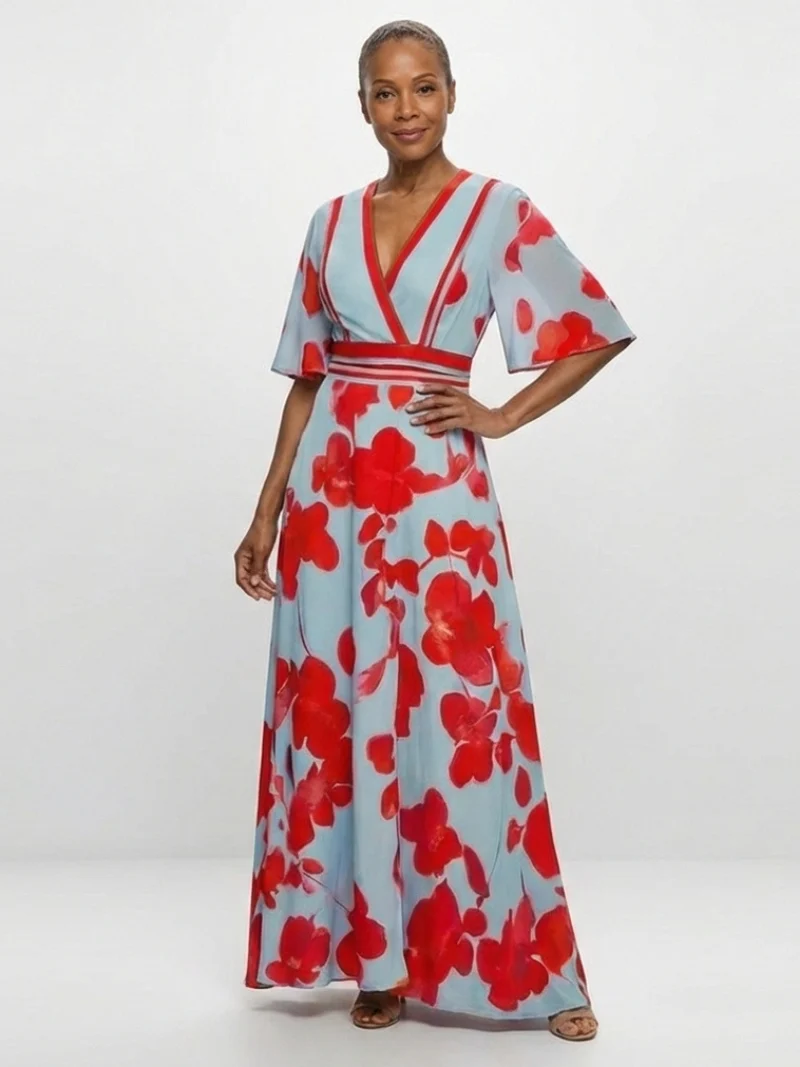 Corinne | V-Ausschnitt Kurzarm Blumenmaxikleid