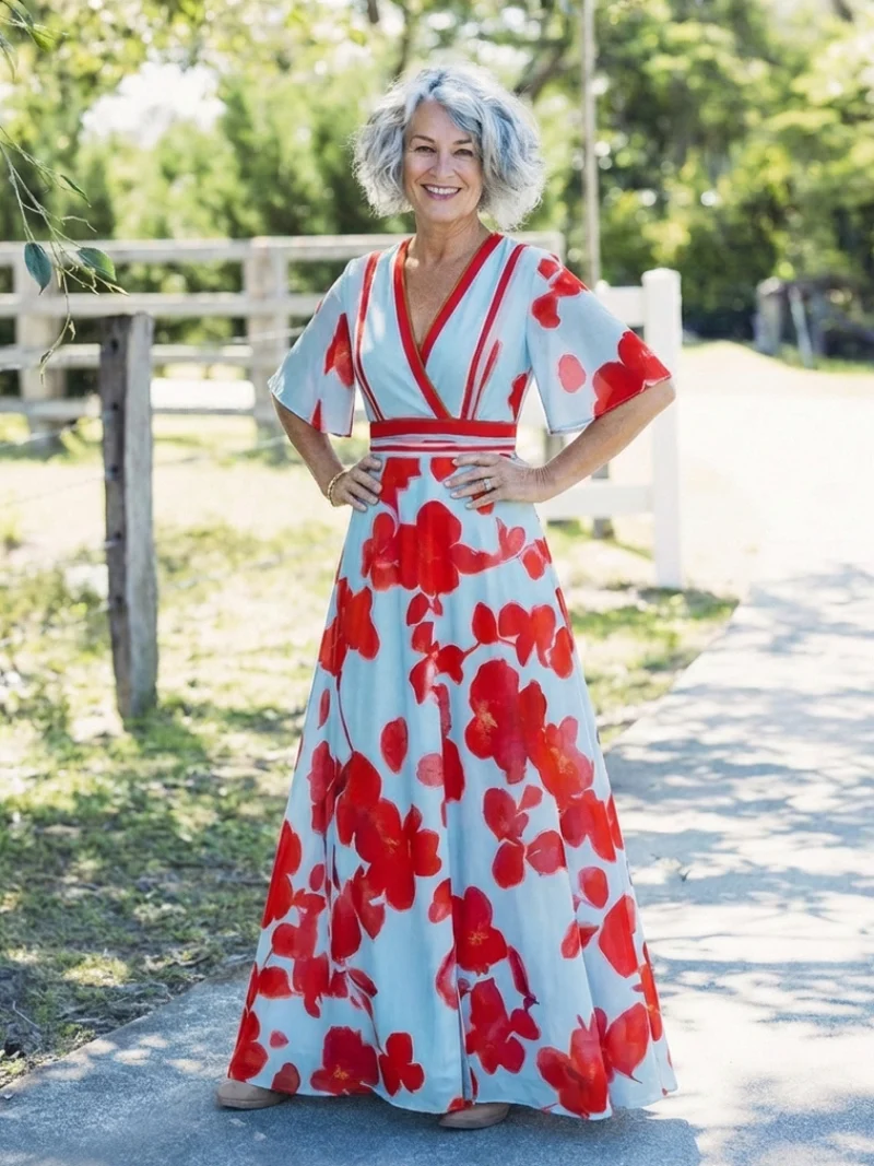 Corinne | V-Ausschnitt Kurzarm Blumenmaxikleid