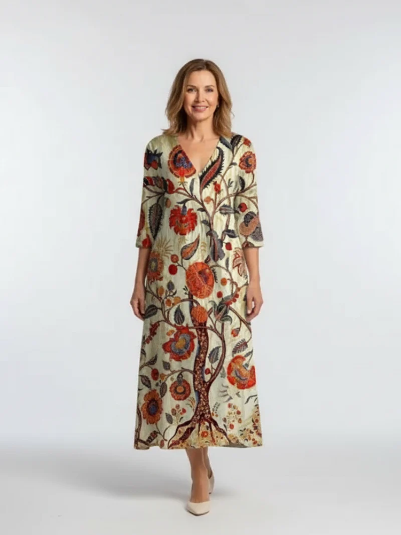 Corisande | V-Ausschnitt Langarm Blumenkleid Midi