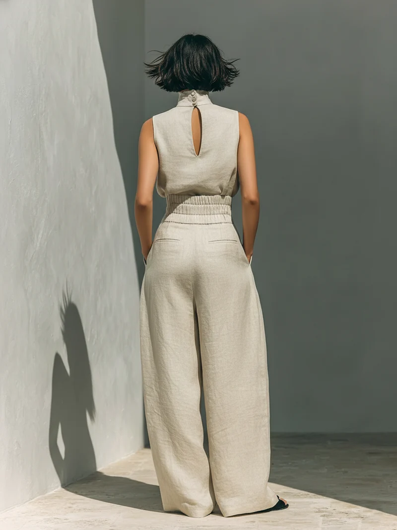 Damen Ärmellose Bluse und Weite-Hosen Ensemble