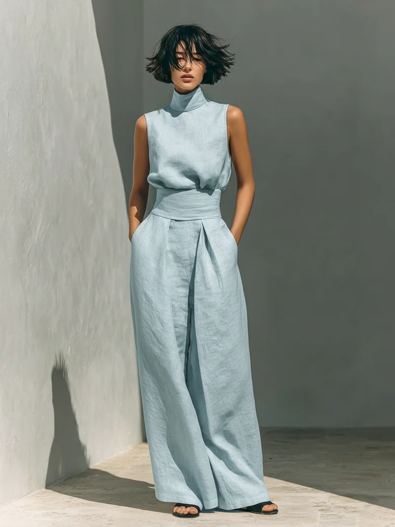 Damen Ärmellose Bluse und Weite-Hosen Ensemble