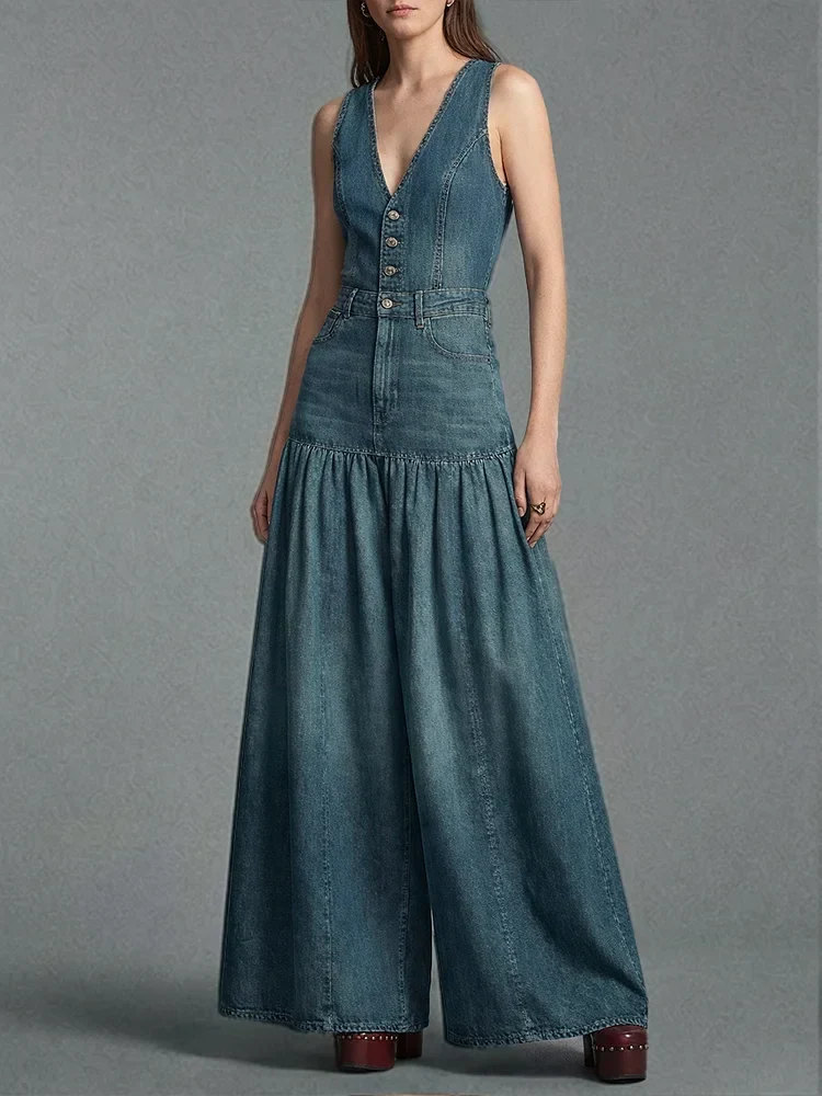Lässiger Damen-Jeansoverall mit weitem Bein