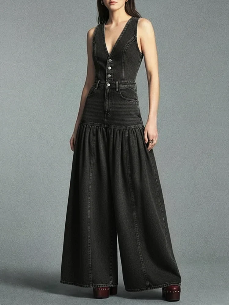 Lässiger Damen-Jeansoverall mit weitem Bein