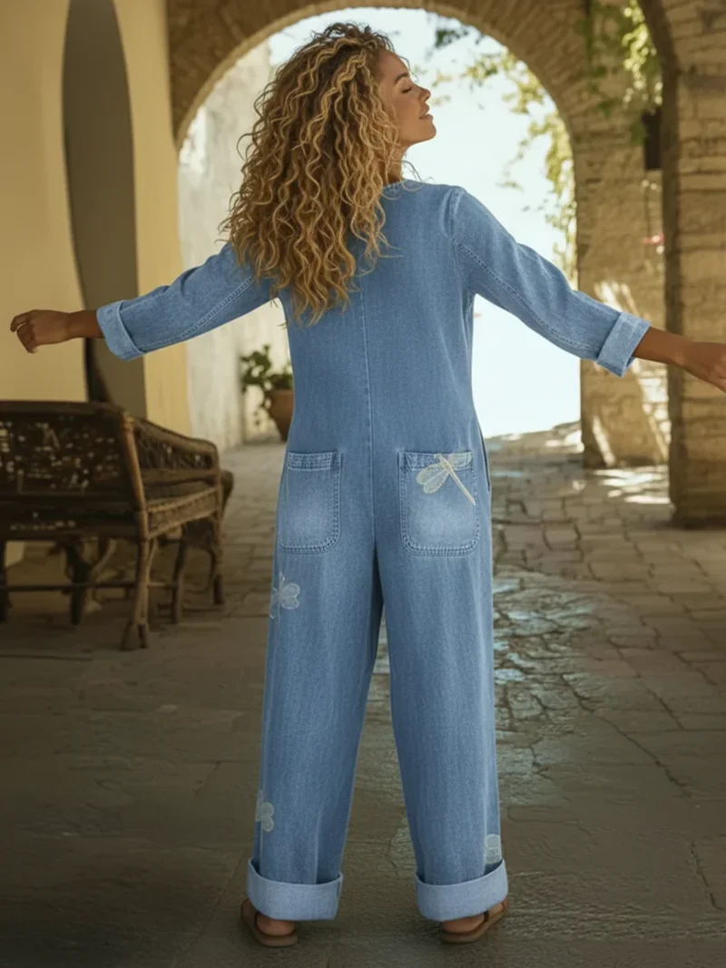 Denim Jumpsuit Damen Casual Libellenmuster