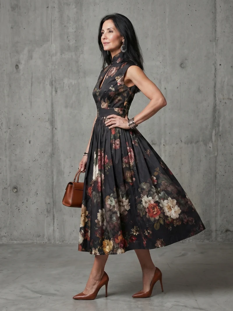Greta | Hochgeschlossenes Schlüsselloch Blumen Falten Midi Kleid